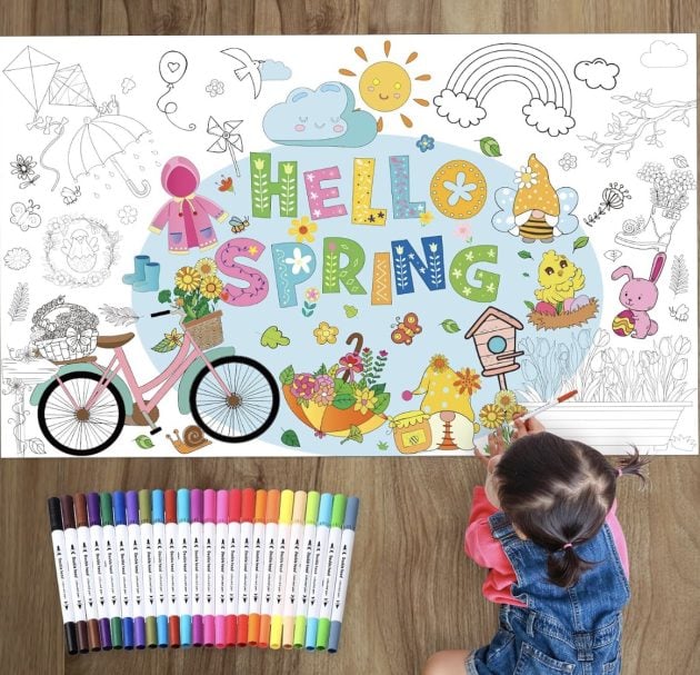Hello Spring Giant Coloring Poster with 24 Watercolor Pens